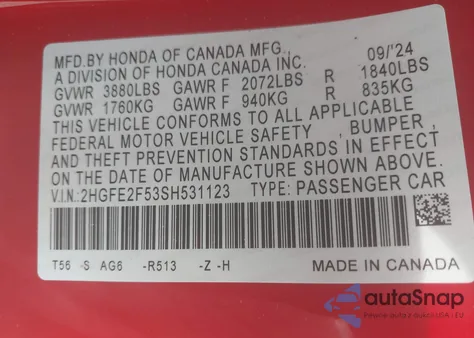 2025 Honda Civic Sport из США, поврежденный, VIN 2HGFE2F53SH531123